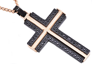 Mens Black And Rose Stainless Steel Cross Pendant Necklace With Black Cubic Zirconia - Blackjack Jewelry
