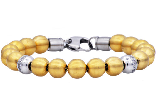 Mens Gold Stainless Steel Bead Bracelet With Cubic Zirconia - Blackjack Jewelry