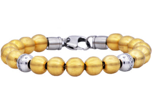 Mens Gold Stainless Steel Bead Bracelet With Cubic Zirconia - Blackjack Jewelry