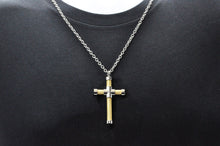 Load image into Gallery viewer, Mens Two Tone Gold Stainless Steel Cross Pendant With 24&quot; Anchor Chain - Blackjack Jewelry
