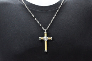 Mens Two Tone Gold Stainless Steel Cross Pendant With 24" Anchor Chain - Blackjack Jewelry