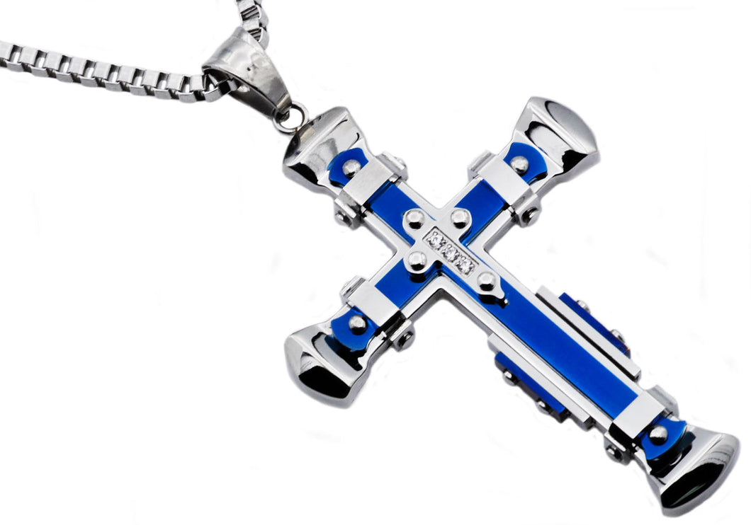 Mens Blue Stainless Steel Pendant With Cubic Zirconia - Blackjack Jewelry