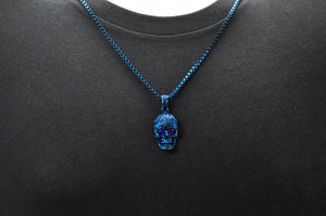 Mens Blue Stainless Steel Skull Pendant With Black Cubic Zirconia