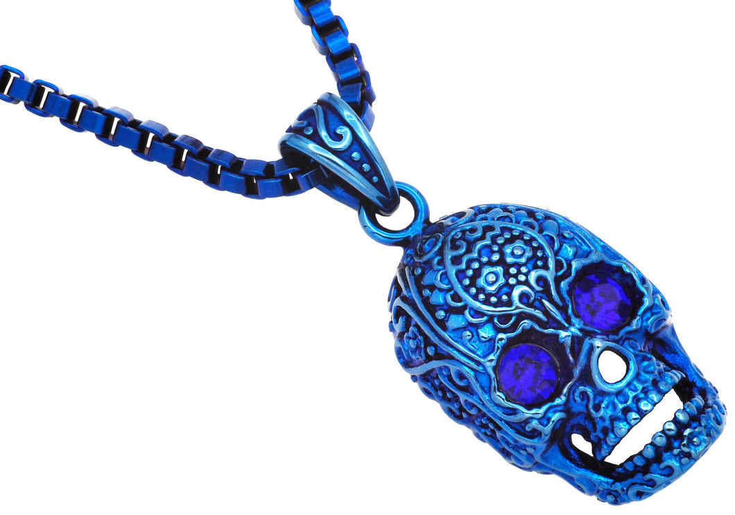 Mens Blue Stainless Steel Skull Pendant With Black Cubic Zirconia - Blackjack Jewelry