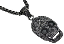 Load image into Gallery viewer, Mens Black Stainless Steel Skull Pendant With Black Cubic Zirconia - Blackjack Jewelry
