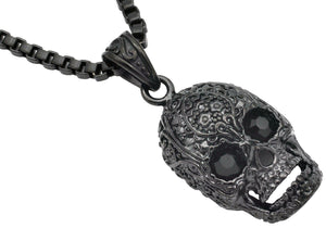 Mens Black Stainless Steel Skull Pendant With Black Cubic Zirconia - Blackjack Jewelry