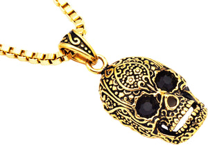 Mens Gold Stainless Steel Skull Pendant With Black Cubic Zirconia - Blackjack Jewelry