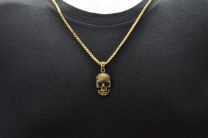 Mens Gold Stainless Steel Skull Pendant With Black Cubic Zirconia