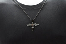Load image into Gallery viewer, Mens Black Stainless Steel Angel Pendant Necklace With Cubic Zirconia - Blackjack Jewelry
