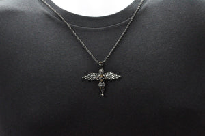 Mens Black Stainless Steel Angel Pendant Necklace With Cubic Zirconia - Blackjack Jewelry