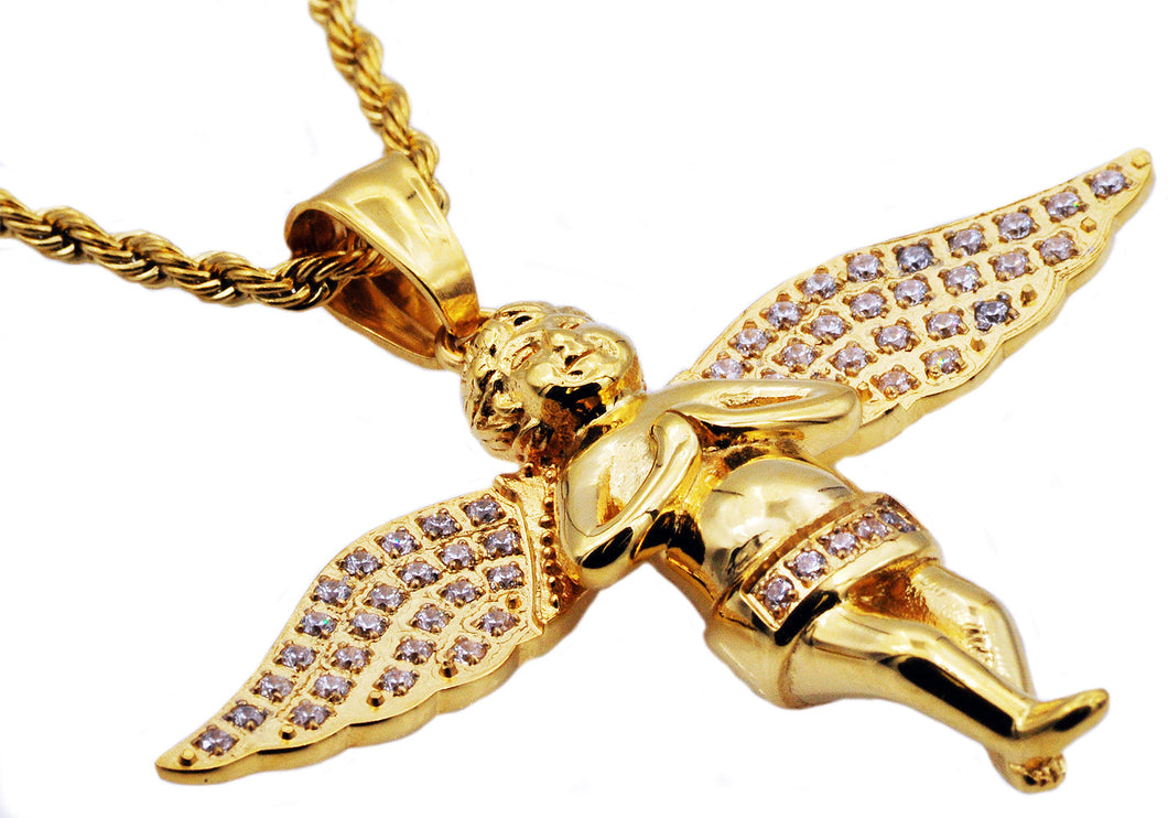Mens Gold Stainless Steel Cherub Pendant WIth Cubic Zirconia - Blackjack Jewelry
