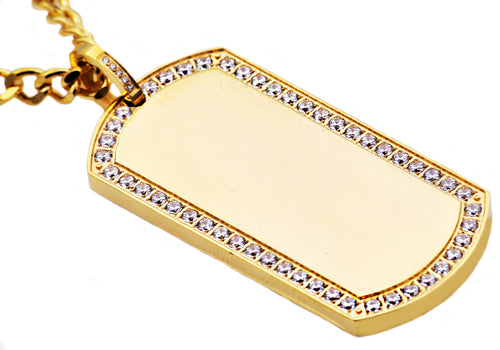 Mens Gold Stainless Steel Dog Tag Pendant With Cubic Zirconia - Blackjack Jewelry