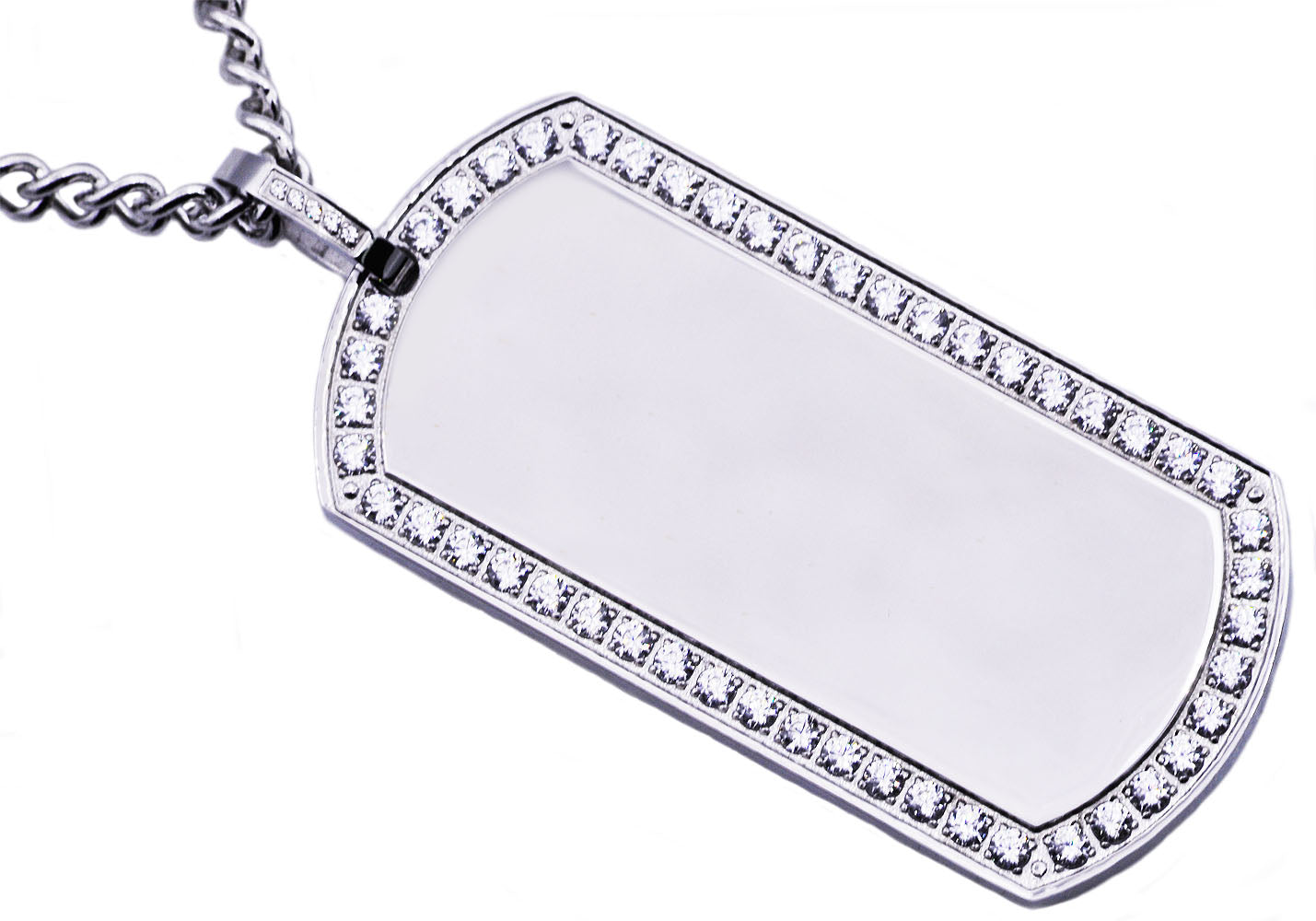 Mens Stainless Steel Dog Tag Pendant With Cubic Zirconia