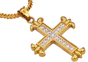 Mens Gold Stainless Steel Fleur De Lis Cubic Zirconia Cross Pendant With 24" Franco Chain - Blackjack Jewelry