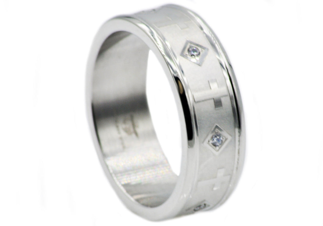 Mens Stainless Steel Cross Band With Cubic Zirconia - Blackjack Jewelry