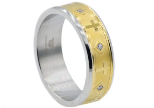 Mens Gold Stainless Steel Cross Band Ring With Cubic Zirconia - Blackjack Jewelry