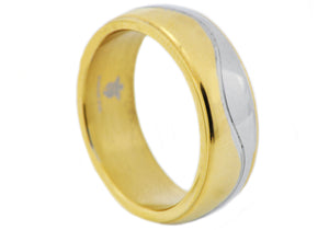 Mens Two Tone Gold Wavy Stainless Steel Band Ring - Blackjack Jewelry