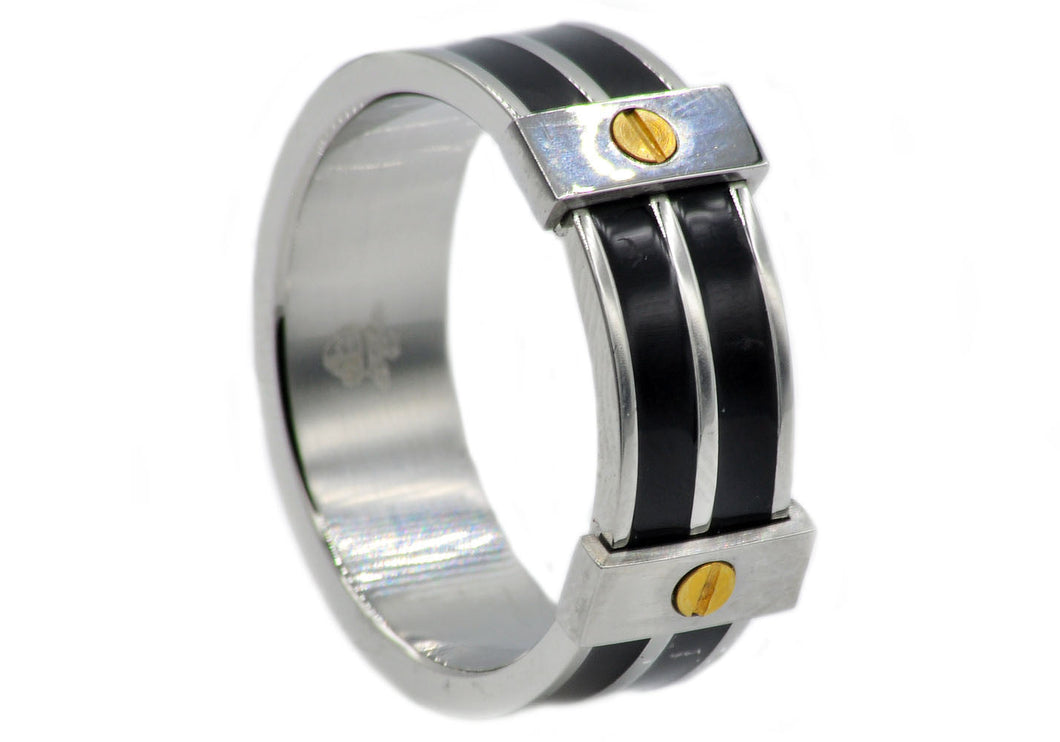 Mens Black Stainless Steel Band Ring With Gold Screws - Blackjack Jewelry