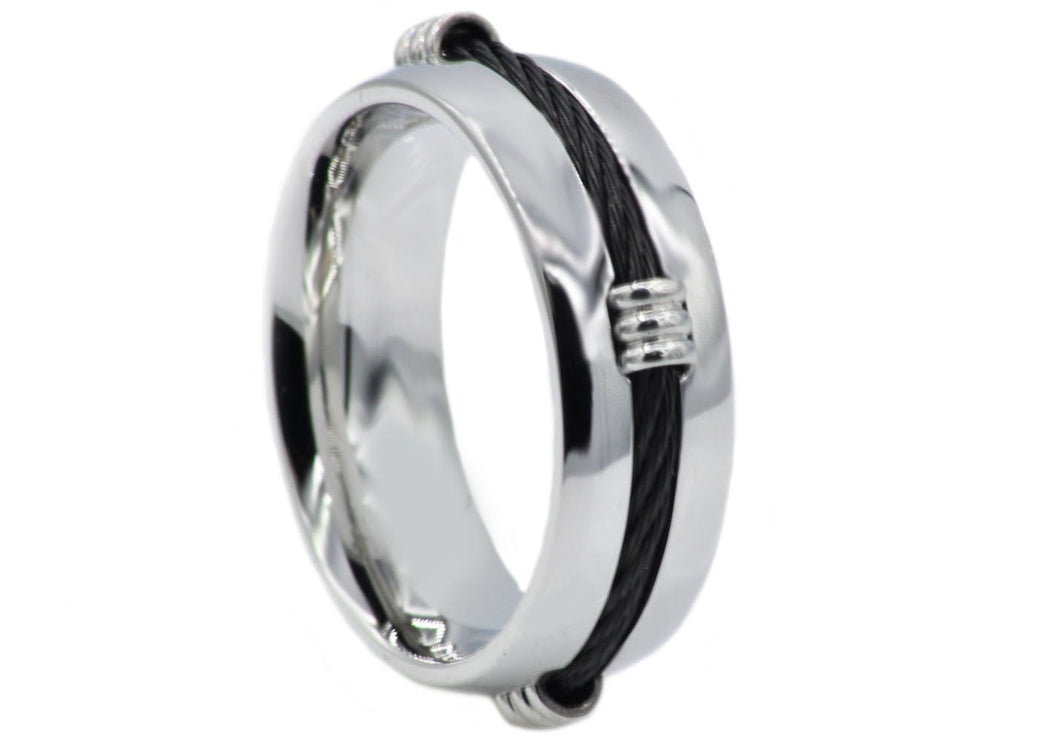 Mens Stainless Steel Band Ring with Black Wire - Blackjack Jewelry