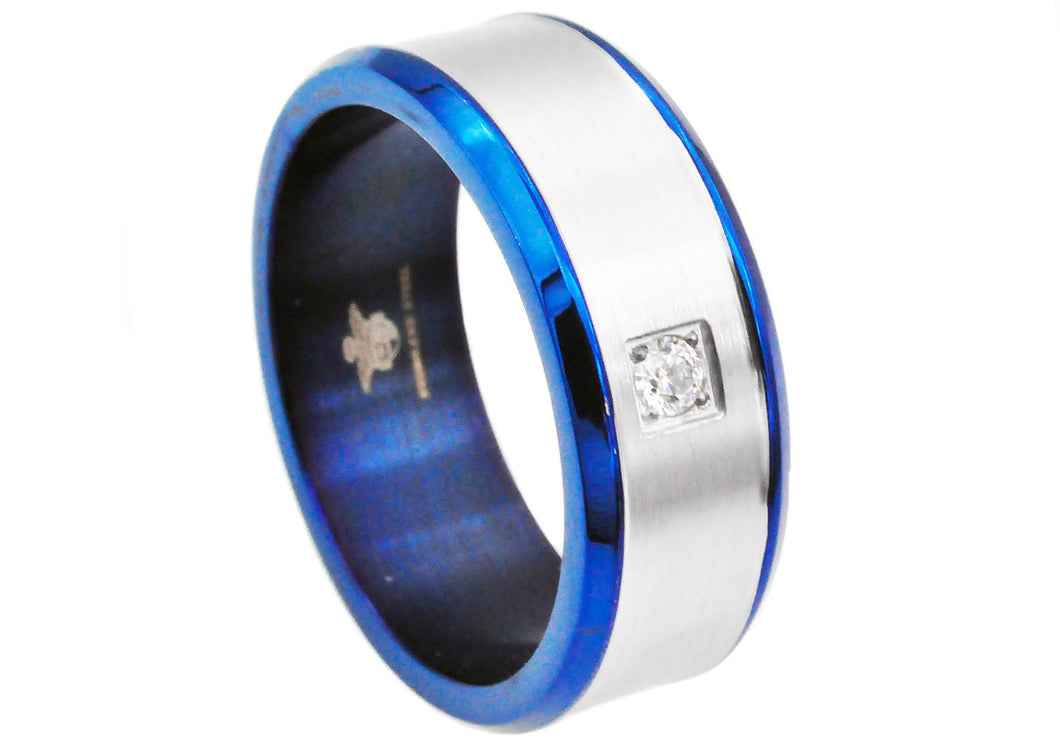 Mens Brushed Stainless Steel Band Ring With Cubic Zirconia And Blue Plated Edge - Blackjack Jewelry