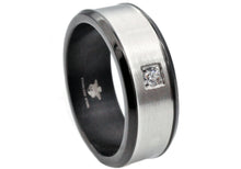 Load image into Gallery viewer, Mens Brushed Stainless Steel Band Ring With Cubic Zirconia And Black Plated Edge - Blackjack Jewelry
