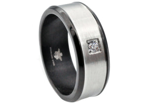 Mens Brushed Stainless Steel Band Ring With Cubic Zirconia And Black Plated Edge - Blackjack Jewelry