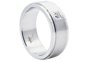 Mens Brushed Stainless Steel Band Ring With Cubic Zirconia - Blackjack Jewelry