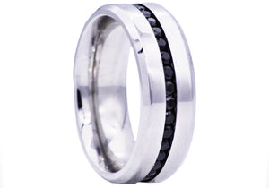 Mens High Polish Stainless Steel Eternity Band Ring With Black Cubic Zirconia - Blackjack Jewelry