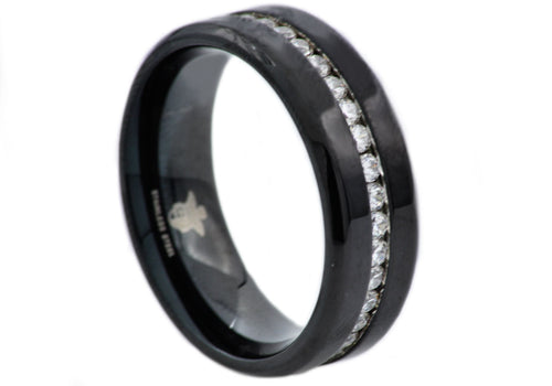 Mens Black Stainless Steel Band With Cubic Zirconia - Blackjack Jewelry