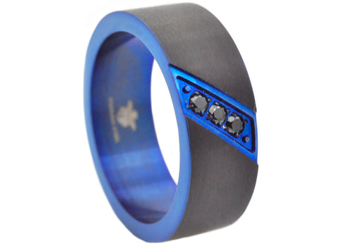 Mens Black And Blue Stainless Steel Band With Cubic Zirconia - Blackjack Jewelry