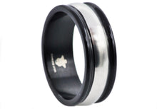 Load image into Gallery viewer, Mens 8mm Black And Silver Stainless Steel Band Ring - Blackjack Jewelry
