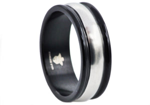 Mens 8mm Black And Silver Stainless Steel Band Ring - Blackjack Jewelry