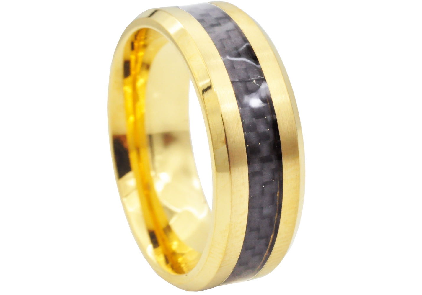 Men's fine gold-plated steel ring set with silver carbon fiber band