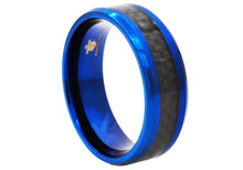 Load image into Gallery viewer, Mens Black Carbon Fiber And Blue Stainless Steel 8mm Band Ring
