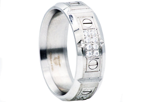 Mens Stainless Steel Band With Cubic Zirconia - Blackjack Jewelry