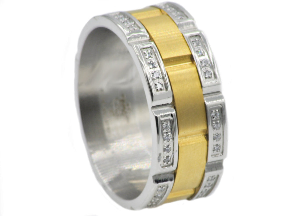 Mens Gold Stainless Steel Band With Cubic Zirconia - Blackjack Jewelry