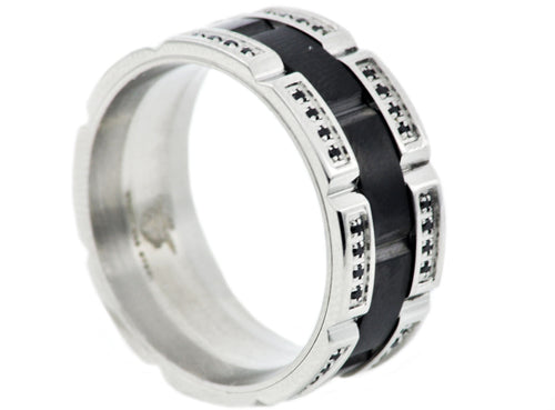 Mens 10mm Black And Silver Stainless Steel Band With Black Cubic Zirconia - Blackjack Jewelry