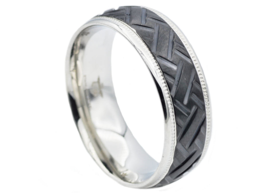 Mens 8mm Black Plated Stainless Steel Diamond Cut Band Ring - Blackjack Jewelry
