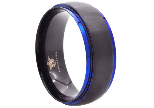 Mens Black And Blue Stainless Steel 8mm Ring - Blackjack Jewelry