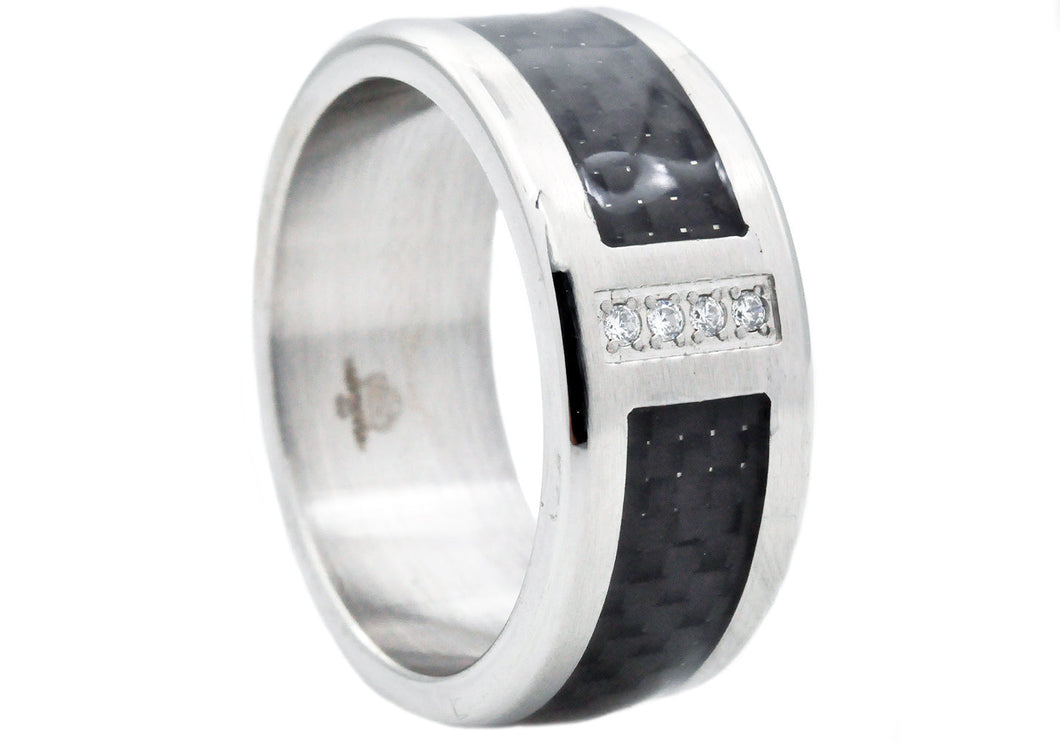 Mens Stainless Steel And Carbon Fiber Ring With Cubic Zirconia - Blackjack Jewelry