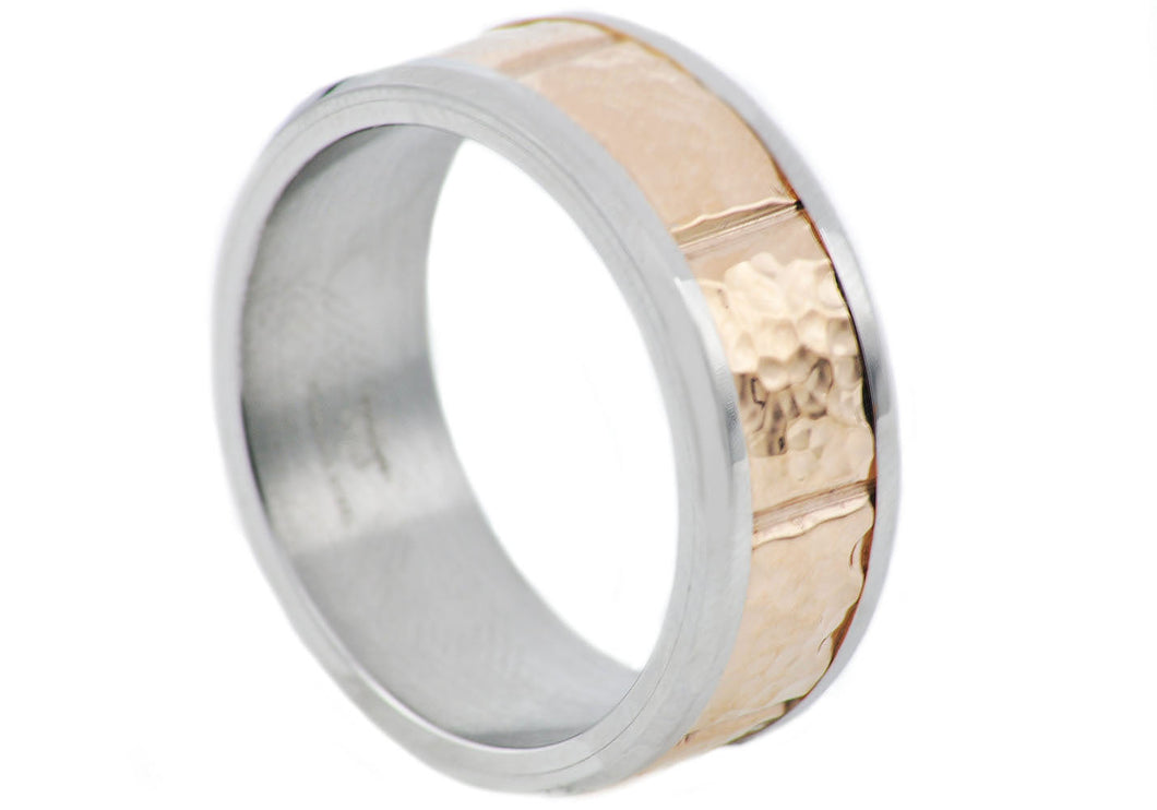 Mens Hammered Rose Two Tone Stainless Steel Band - Blackjack Jewelry