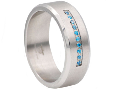 Mens Stainless Steel Ring With Blue Cubic Zirconia - Blackjack Jewelry