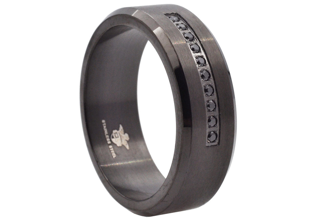 Mens Black Stainless Steel Ring With Black Cubic Zirconia - Blackjack Jewelry