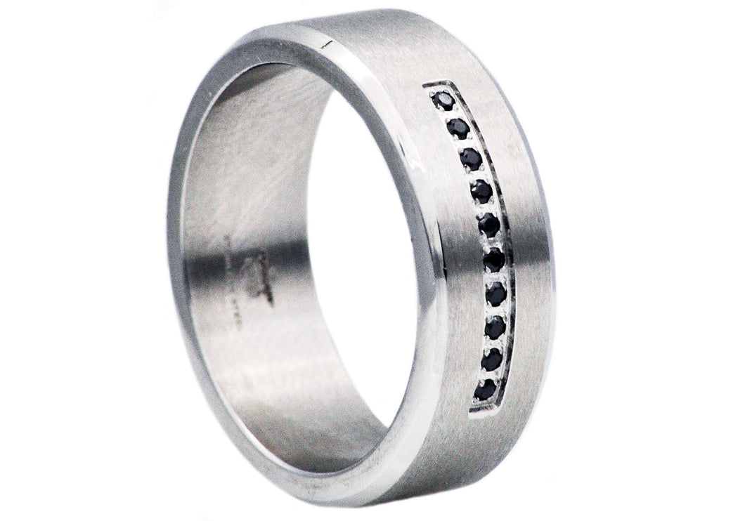 Mens Stainless Steel Ring With Black Cubic Zirconia - Blackjack Jewelry