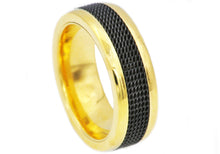 Load image into Gallery viewer, Mens 8mm Gold Stainless Steel Black Cable Inlay Ring - Blackjack Jewelry
