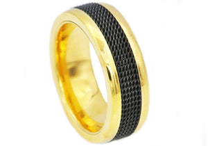 Mens 8mm Gold Stainless Steel Black Cable Inlay Ring - Blackjack Jewelry