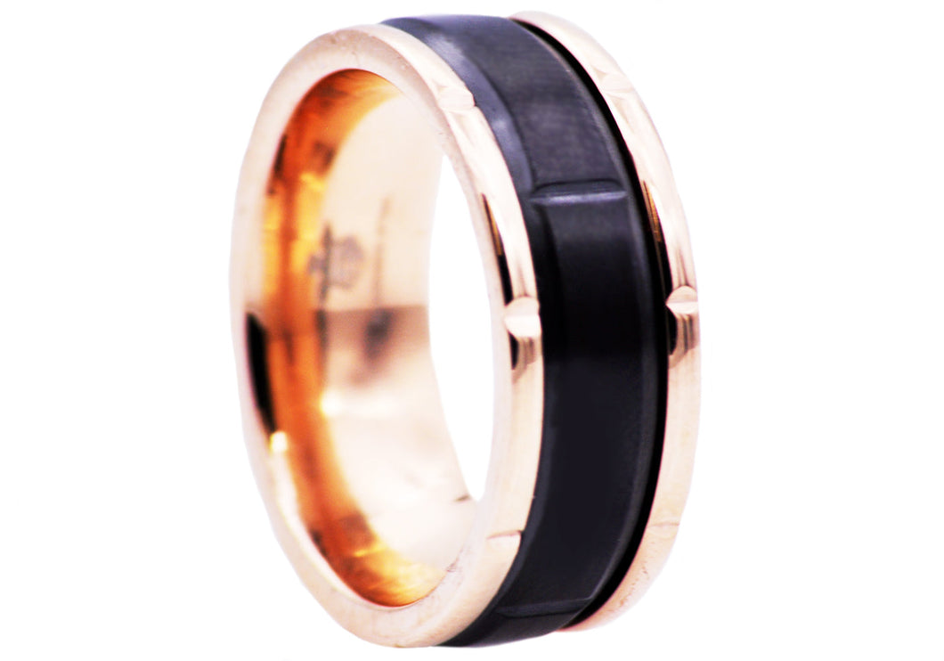 Mens 8mm Black And Rose Stainless Steel Etched Ring - Blackjack Jewelry
