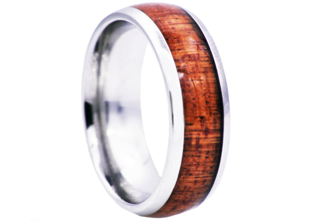 Mens Wood Inlayed Stainless Steel Ring - Blackjack Jewelry