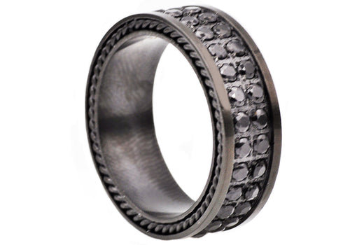 Mens 8mm Black Stainless Steel Two Row Black Cubic Zirconia Eternity Band Ring - Blackjack Jewelry