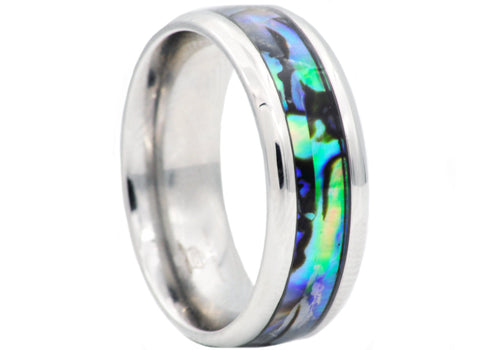 Mens Genuine Abalone Stainless Steel Band Ring - Blackjack Jewelry